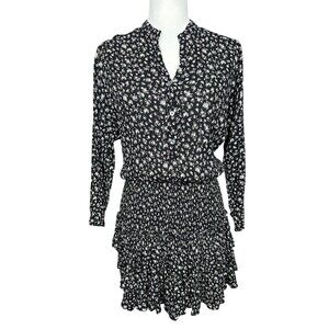 Sky‎ to Moon Smocked Ruffle Mini Dress S Black Ditsy Floral Long Sleeve Romantic